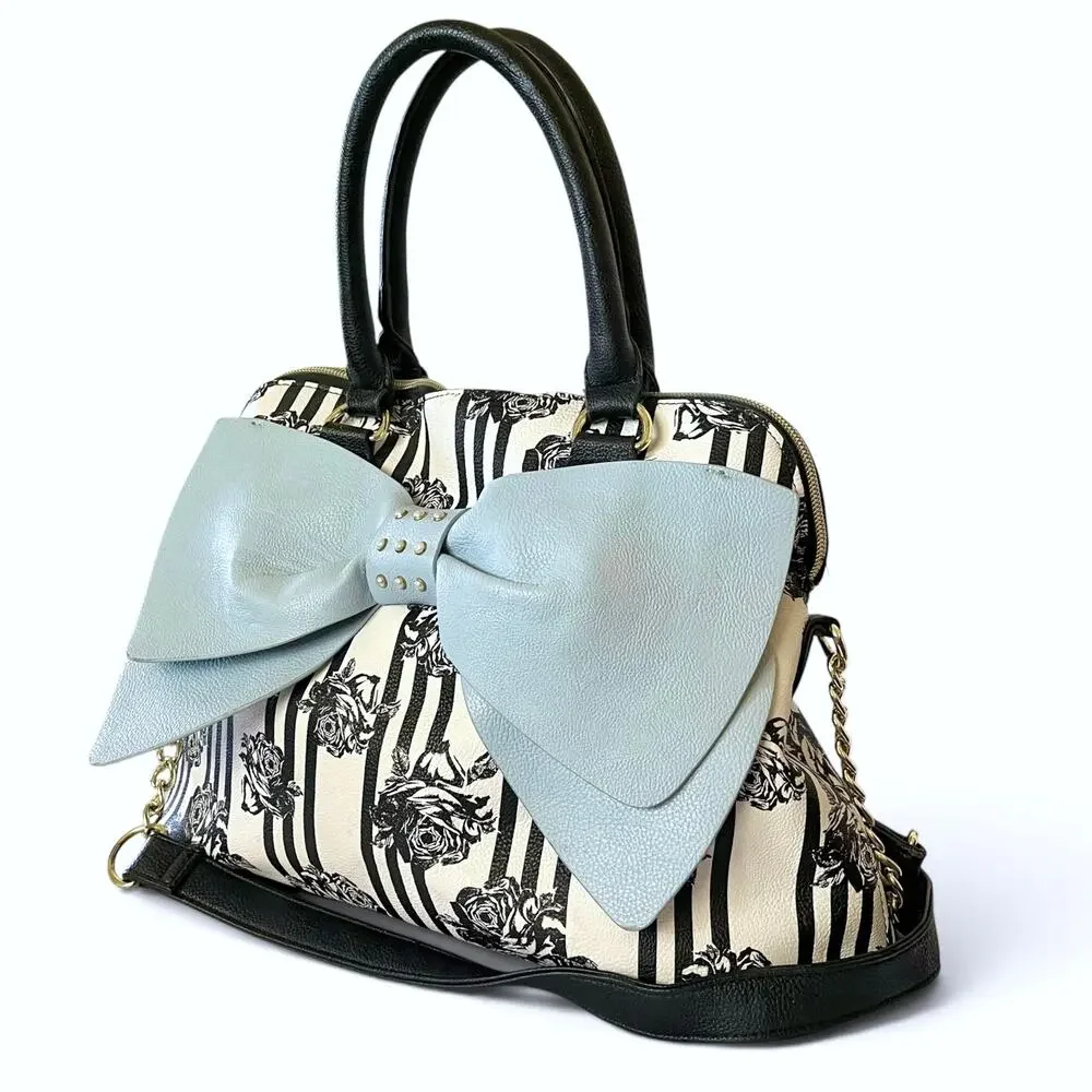 Betsey Johnson Blue Bow Faux Leather Floral Stripe Dome Satchel Bag Handbag